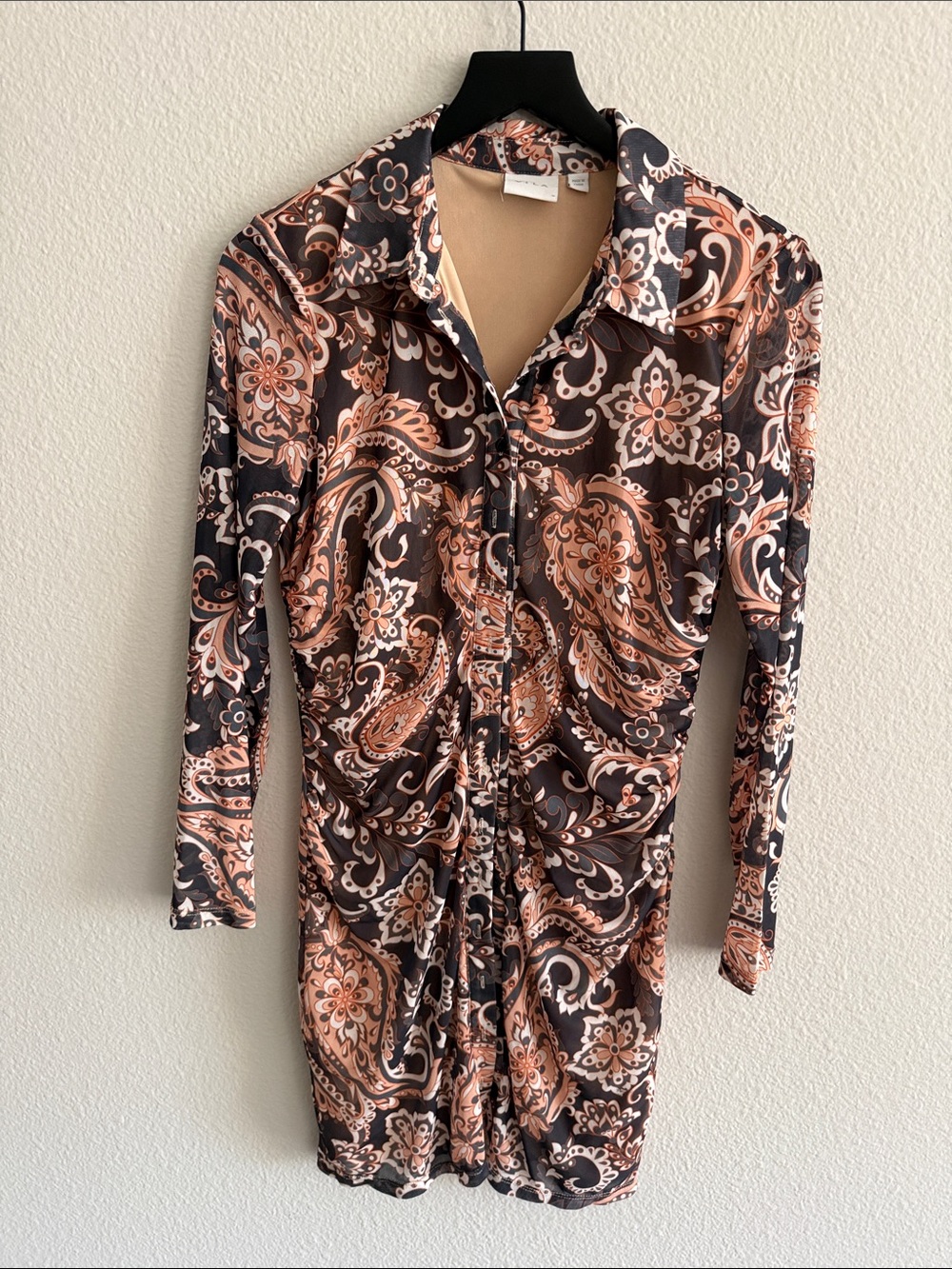 VILA Brown Peach Paisley Ruched Long Sleeve Dress M